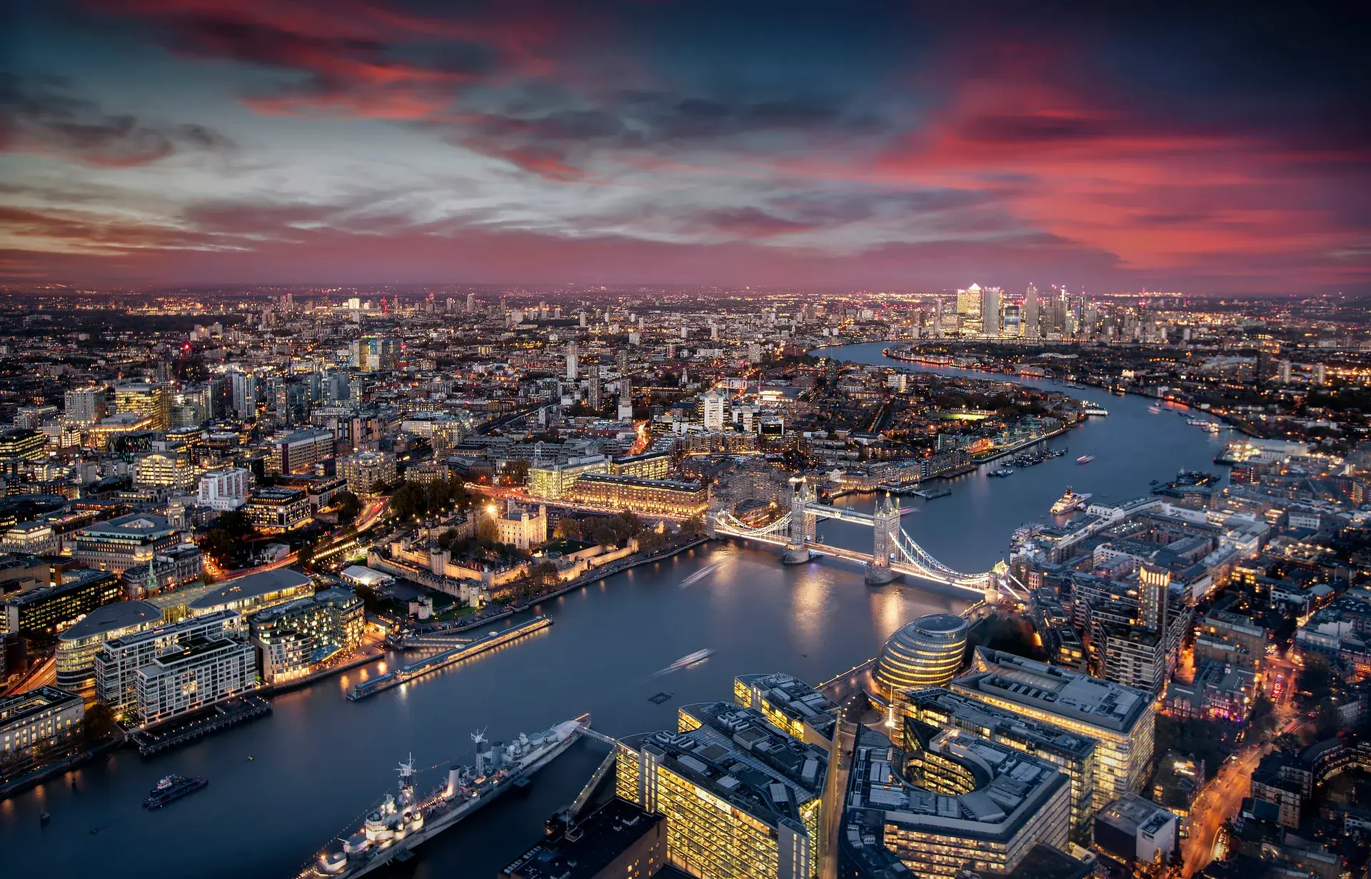 London skyline at sunset — Treba's UK headquarters