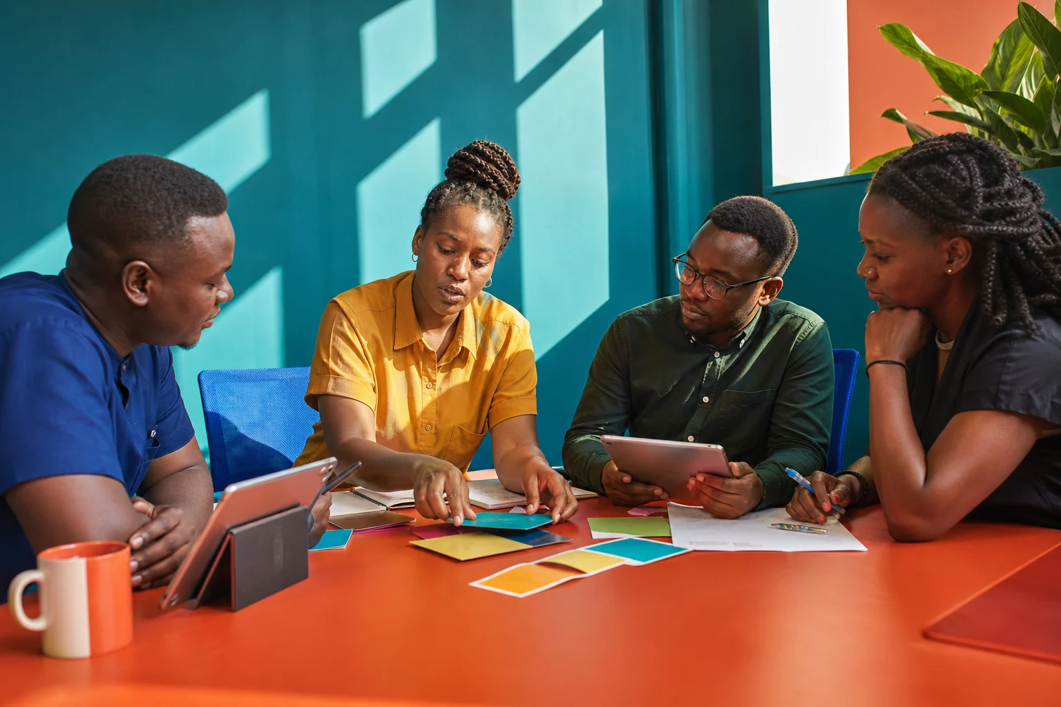 Professional explaining work to colleagues at an office workstation — Nairobi produces 50,000+ graduates annually across business, finance, IT, and communications